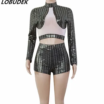 

Women Modern Dance Clothing Black Sequins Sexy Perspective 2 Piece Set Stage Costume Bar Nightclub DJ Singer Performance Outfits