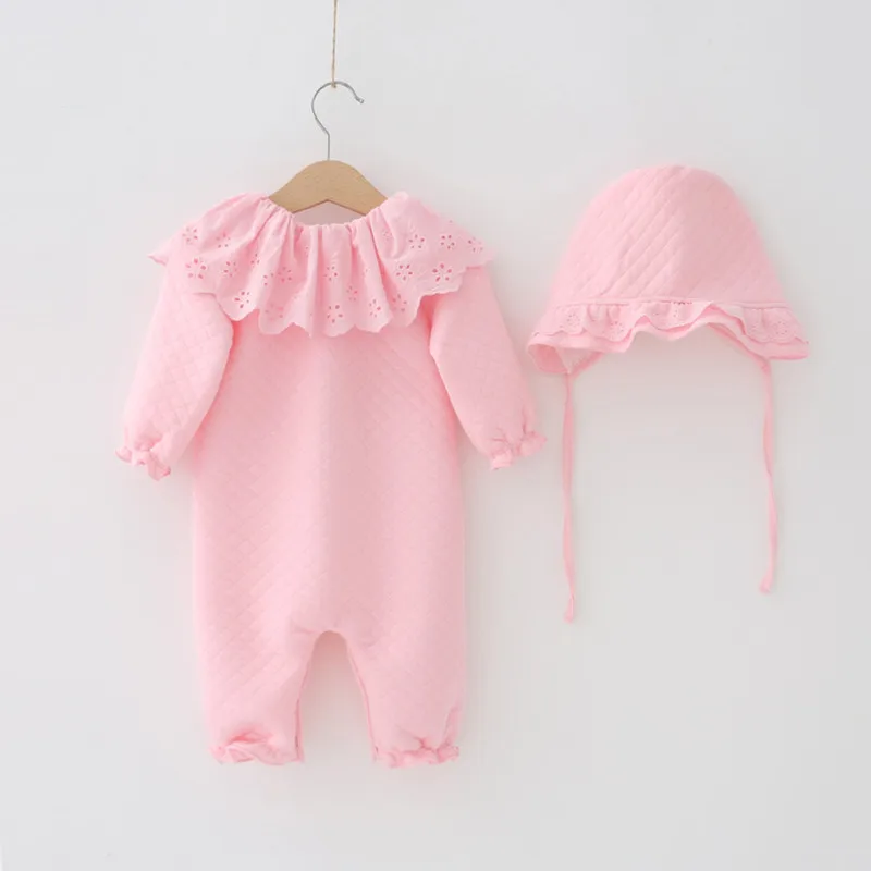 Зимняя одежда для новорожденных девочек; теплый хлопковый комбинезон с кружевным отложным воротником; комплекты одежды; боди для девочек+ шапки