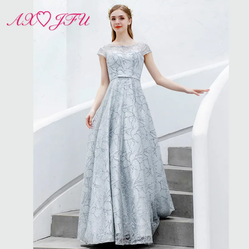 

AXJFU princess grey lace evening dress dinner o neck beading flower evening dress vintage a line grey bow evening dress 6622