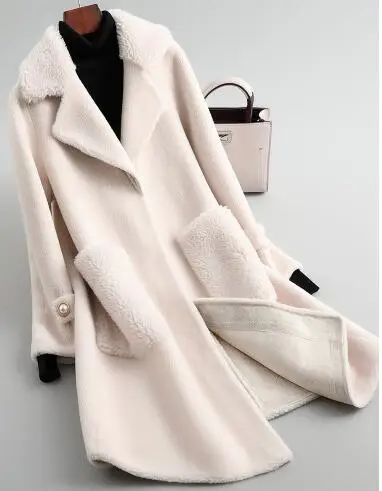 ZiZhen пальто из натуральной шерсти с отложным воротником, длинное пальто, модный теплый зимний Женский Тренч, KQN19017 - Цвет: Бежевый