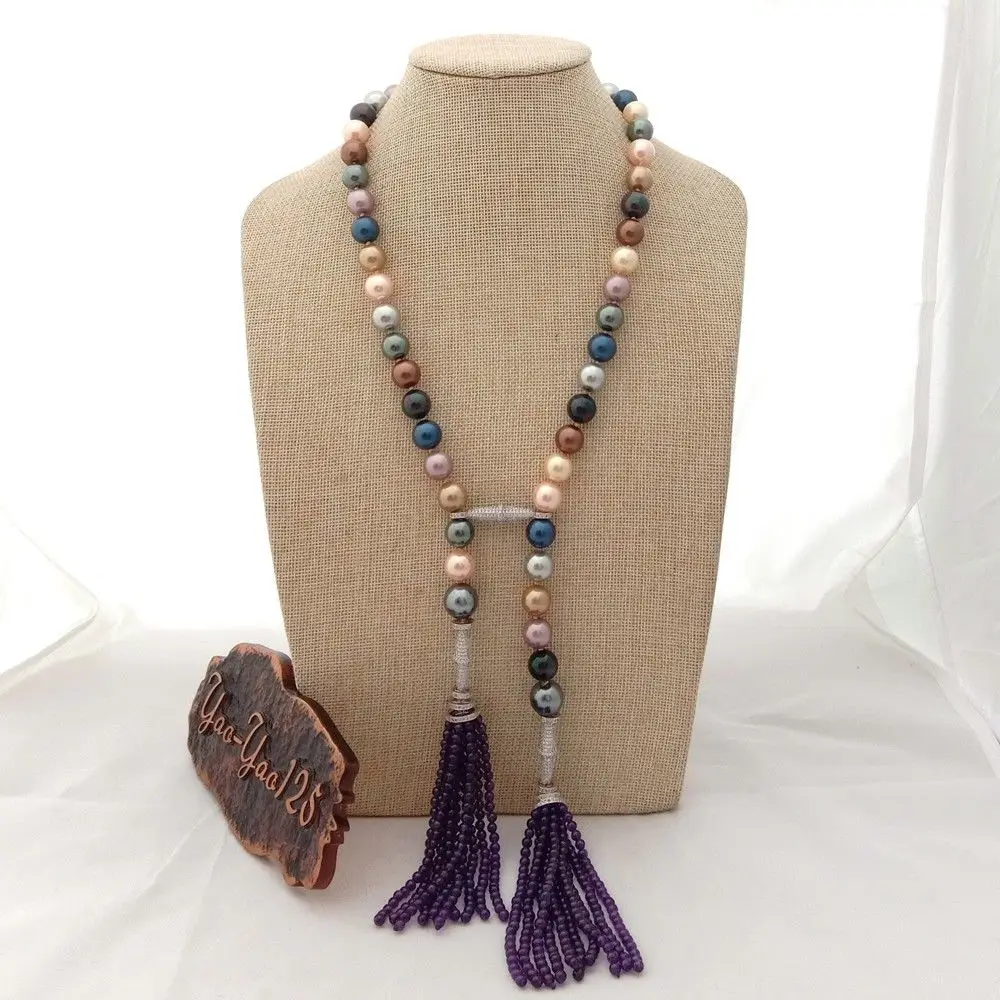 

22" 12mm Mixed Color Sea Shell Pearl Necklace Purple Stone Cz Pave Pendant