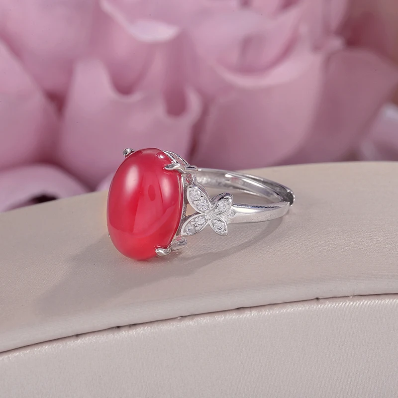 Fine Jewelry S925 Rings For Women Sterling Silver 14*10mm Chalcedony Natural Oval Red Gemstone Ring Luxury Vintage Anel R-CH001