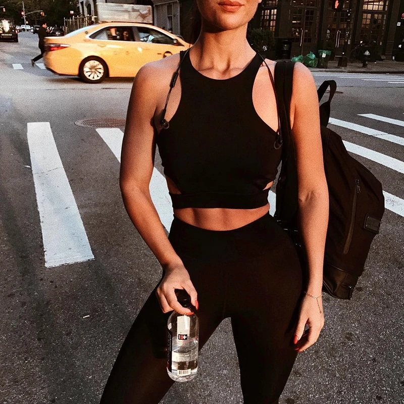 Sexy Women Sports Bra Top Female Hollow Out Sleeveless Fitness Gym Running Black Crop Tank Top Activewear Tank Tops