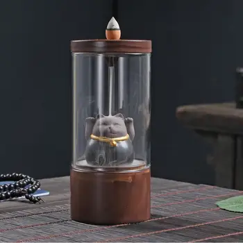 

Luck Cat Ceramic Censer Backflow Incense Burner With Acrylic Protective Cover Smoke Waterfall Incense Holder Creative Home Decor