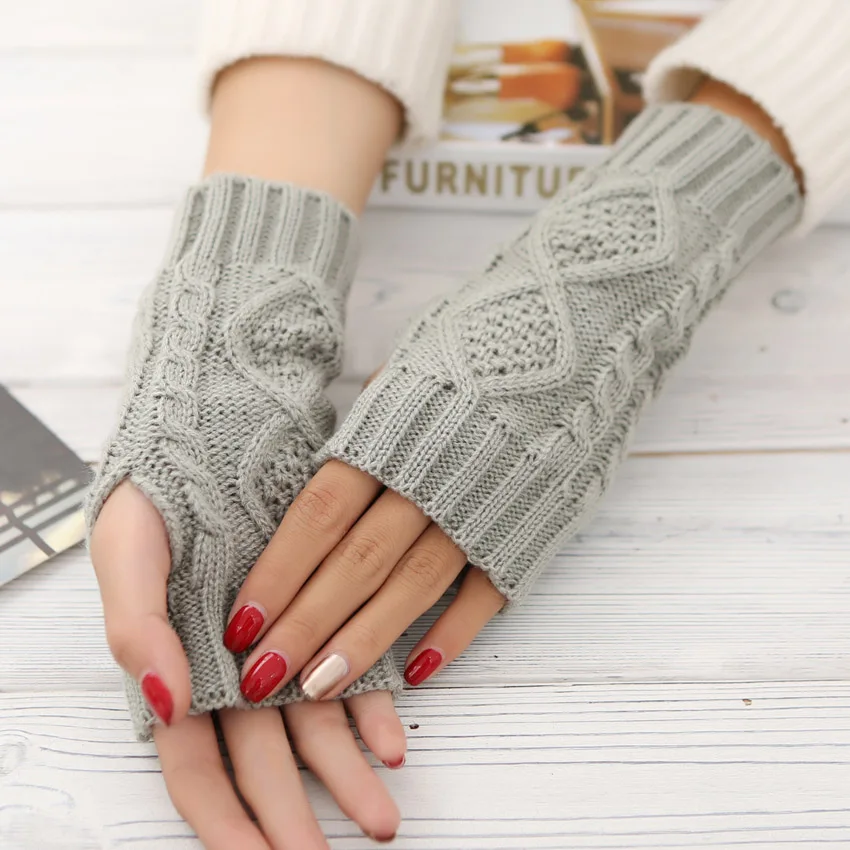 Однотонные зимние перчатки женские вязаные без пальцев дамские перчатки Модные теплые перчатки женская перчатка зимний теплый запястье с шерстью - Цвет: Светло-серый