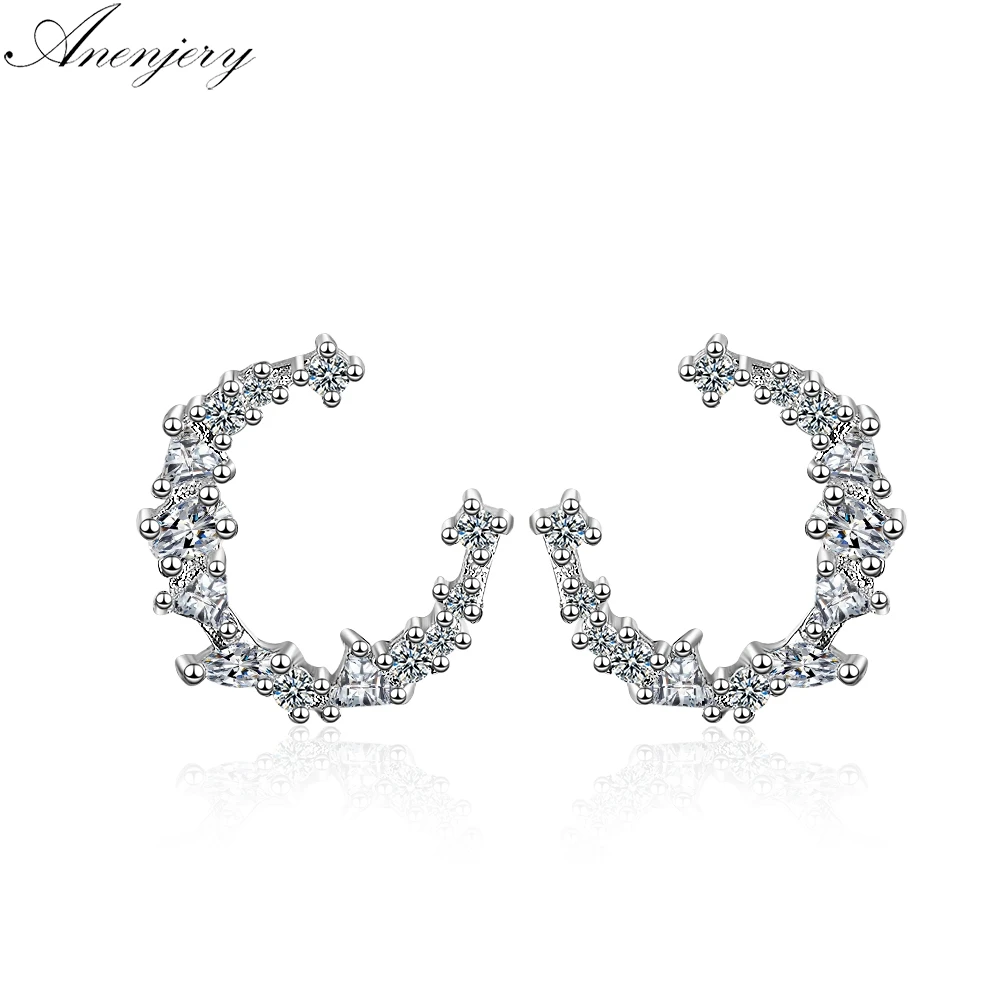 Anenjery Горячая Мода ослепительные CZ нерегулярные Полумесяц Серьги гвоздики для женщин 925 пробы серебряные сережки oorbellen S-E618