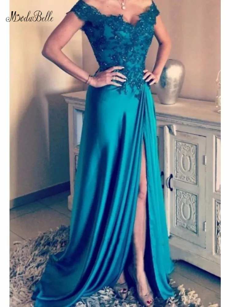 Modabelle атласные сексуальные платья выпускного вечера Vestidos Compridos Аппликации Кружева трапециевидной формы с высоким разрезом женское платье для выпускного Galajurken