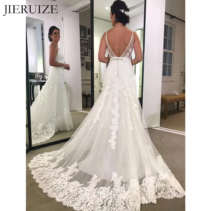 

JIERUIZE white lace appliques backless Wedding Dresses V-neck Wedding Gowns Bride Dresses robe mariage