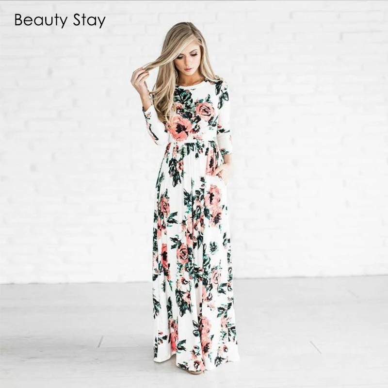 

Beauty Stay Women Dress Sexy Elegant Print Flowers O-Neck Long Sleeve Floor-Length Plus Size Autumn Beach Girl Dress