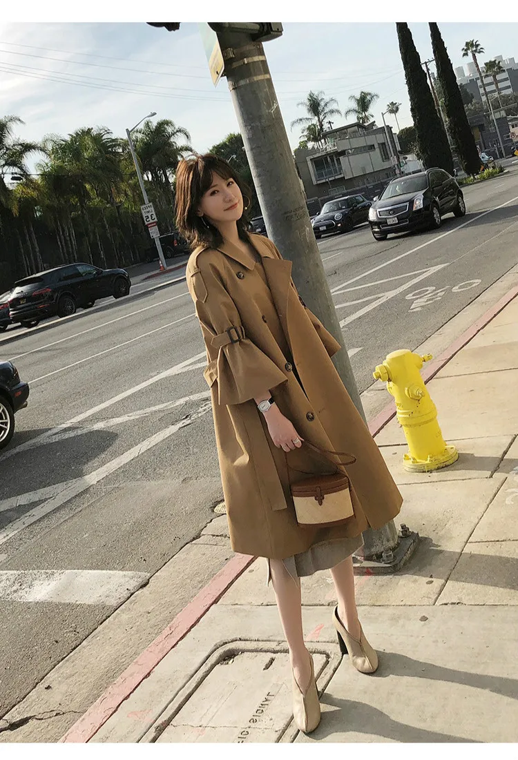 Весна Vogue Корейская ветровка женский длинный плащ пальто офисная Дамская мода пальто Для женщин Национальный пояса с расклешенными рукавами