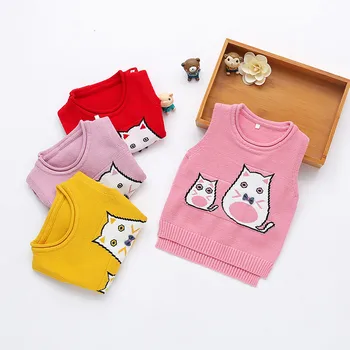 

Cat Print Baby Girl Vest Sweater Candy Color O-Neck Infant Kids Sleeveless Pullover High Quality Cotton Blended Knit Stretch