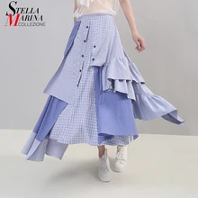 Korean Style Women Summer Asymmetrical Blue Striped Casual Skirt Ruffles Elastic Waist Ladies Stylish Skirt Robe Femme 5243