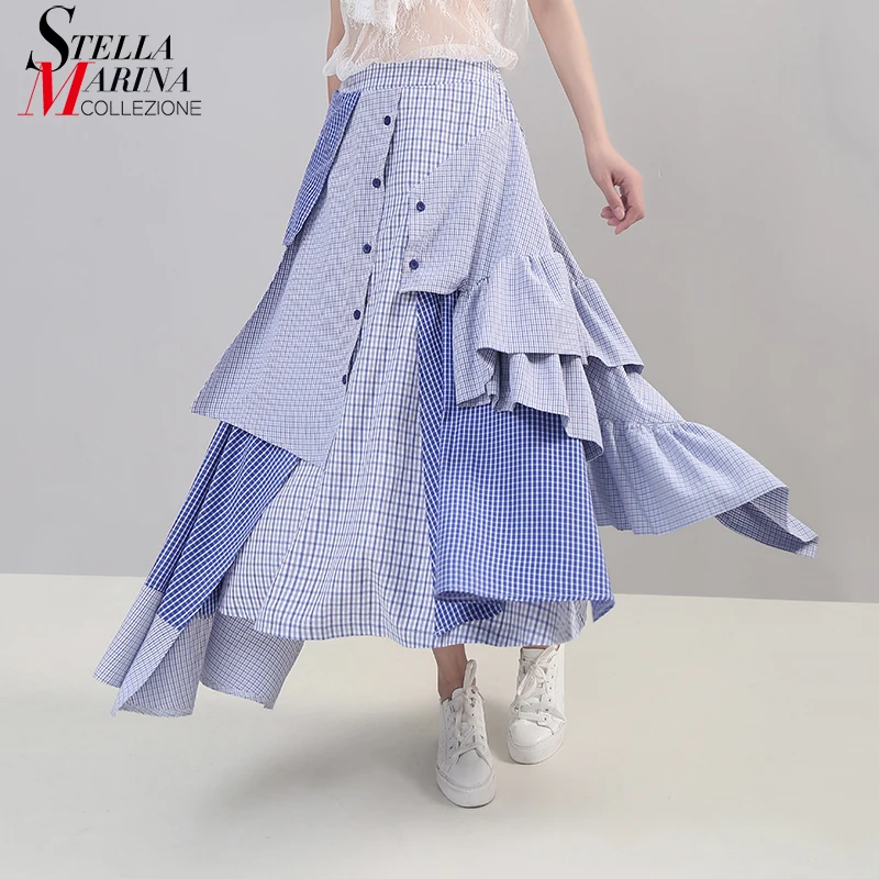 

2019 Korean Style Women Summer Asymmetrical Blue Striped Casual Skirt Ruffles Elastic Waist Ladies Stylish Skirt Robe Femme 5243