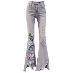 2019 новые летние модные джинсы для женщин высокая талия бисером вышивка цветок лодыжки длина брюки плюс размеры