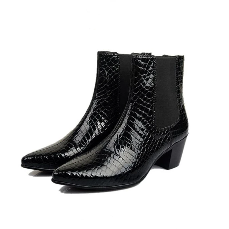 HOT !!! Genuine Leather Men's Pointed Toe Heels Trendy Man Slip-on Riding Boots Winter Heighten Shoes