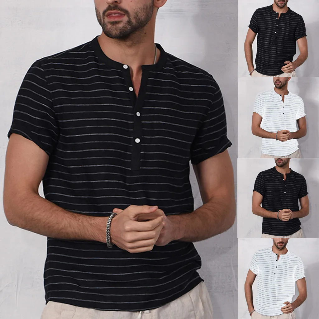 

2019 New Stylish Hauts pour hommes Men Vintage Splicing Button Linen Solid Short Sleeve Retro T Shirts Tops Ropa de hombre