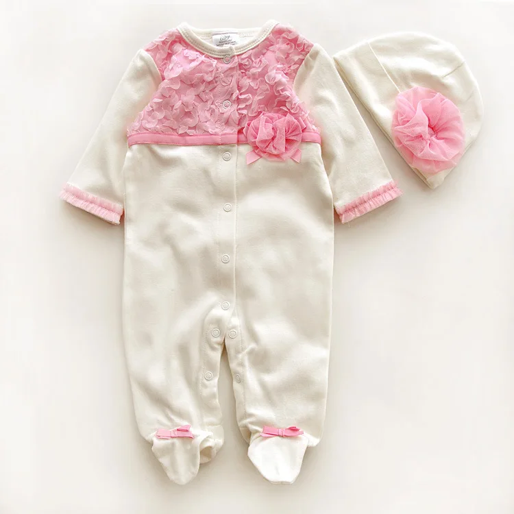 Princess Style Newborn Baby Girl Oblečení Květiny Romper Oblečení Set Jumpsuit & Hat 2 PC Cute Děti Dívky Rompers