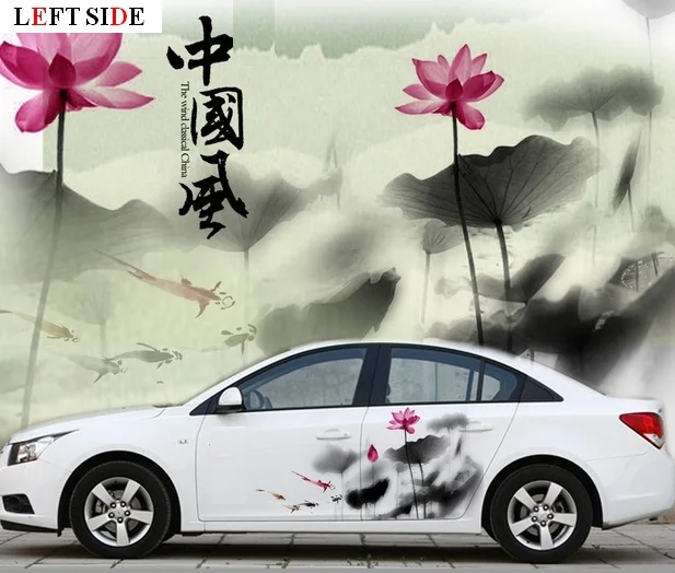

LEFT SIDE Car Stickers Pink Black Ink Lotus Flower Rattan Car-styling Floral Car Body Stickers Grace Waterproof Vinyl Splendid