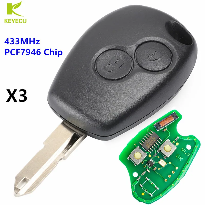 

KEYECU 3PCSX Replacement Remote Car Key Fob 2 Button 433MHz PCF7946 for Renault Kangoo 2 Clio III Master Modus