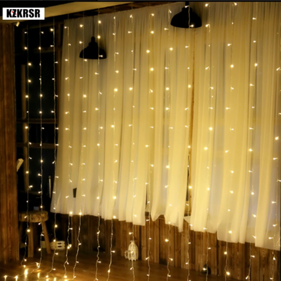 

KZKRSR LED Curtain light 3x3M 300 leds Icicle String Lights 8 Modes for Wedding Festival Party Ceremony Christmas decoration