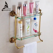 Bathroom Shelves 2Tier Glass Antique Brass Wall Shelf Bath Holder Towel Bar Hanger Shower Storage Accessories Towel Rack HJ-1323