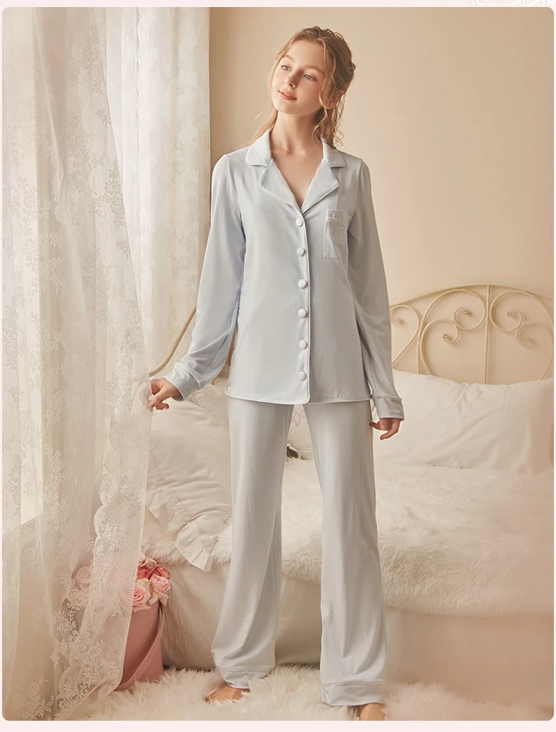 Новинка, осенняя Женская Хлопковая пижама, комплект с длинными штанами, розовая и синяя одежда для сна, домашняя одежда, женская пижама verao