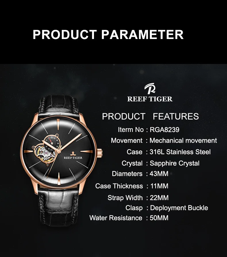 Reef Tiger/RT мужские нарядные часы Топ люксовый бренд автоматические механические кожаные аналоговые часы Relogio Masculino+ коробка RGA8239
