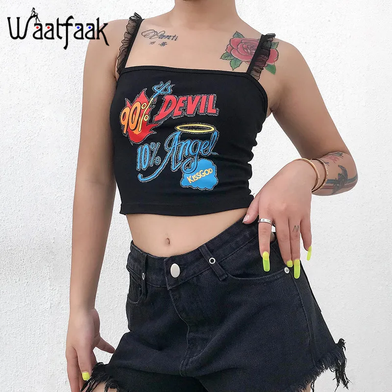 

Waatfaak Black Letter Printed Casual Summer Tops Ruffles Cami Tank Top Woman Fashion Sleeveless Croptop Strapless Bustier 2019