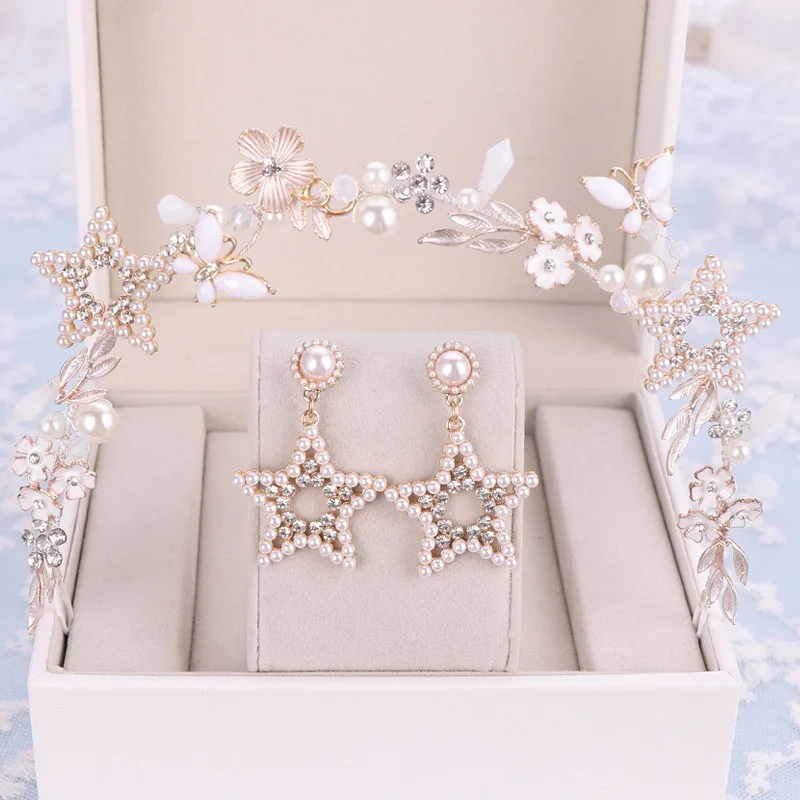 

Women Korean Style Exquisite Creative Star Shaped Tiaras Earrings Ladies Floral Butterfly Simulation Pearl Beauty Jewelry Set