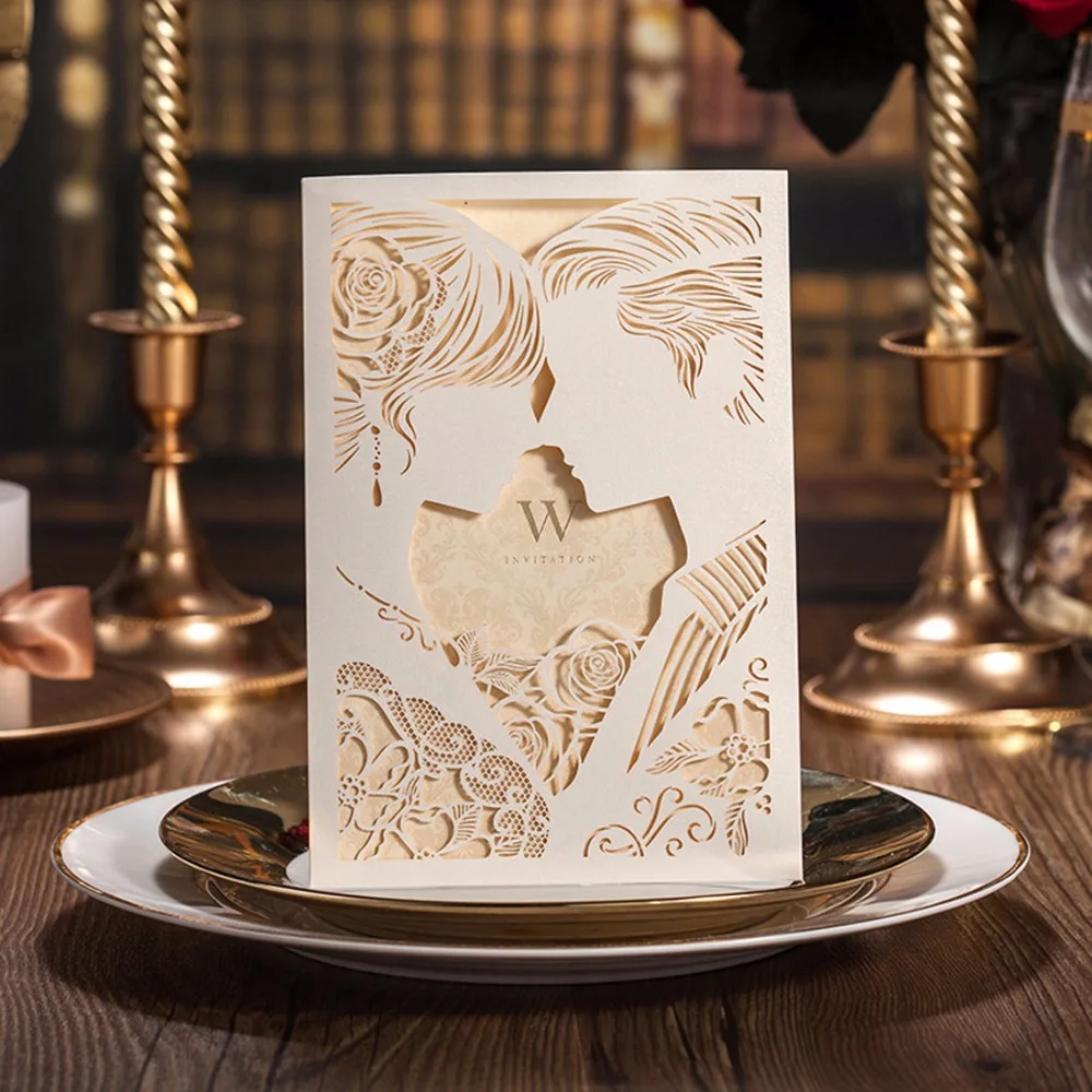 

Elegant Customizable Laser Cut Wedding Invitation Cards With Bride and Groom Kiss Hollow-out Beige Wedding Party Supplies CW010