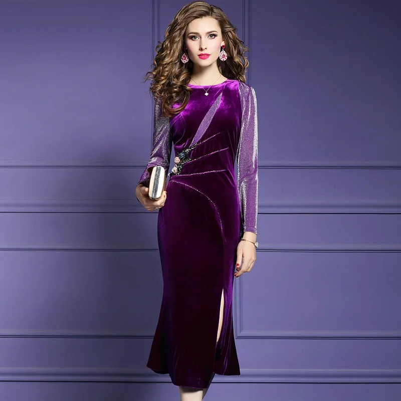 

High street dress Spring 2019 new Women ladies velvet Long sleeves Party Dress Plus Size Fork opening Vintage Beading dresses