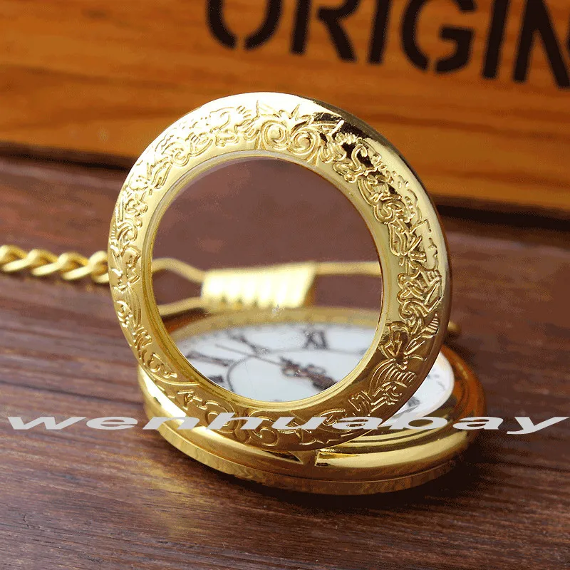 Новое поступление роскошный золотой чехол с белым циферблатом римские цифры кварцевые карманные часы кулон брелок цепь мужские и женские подарки P329