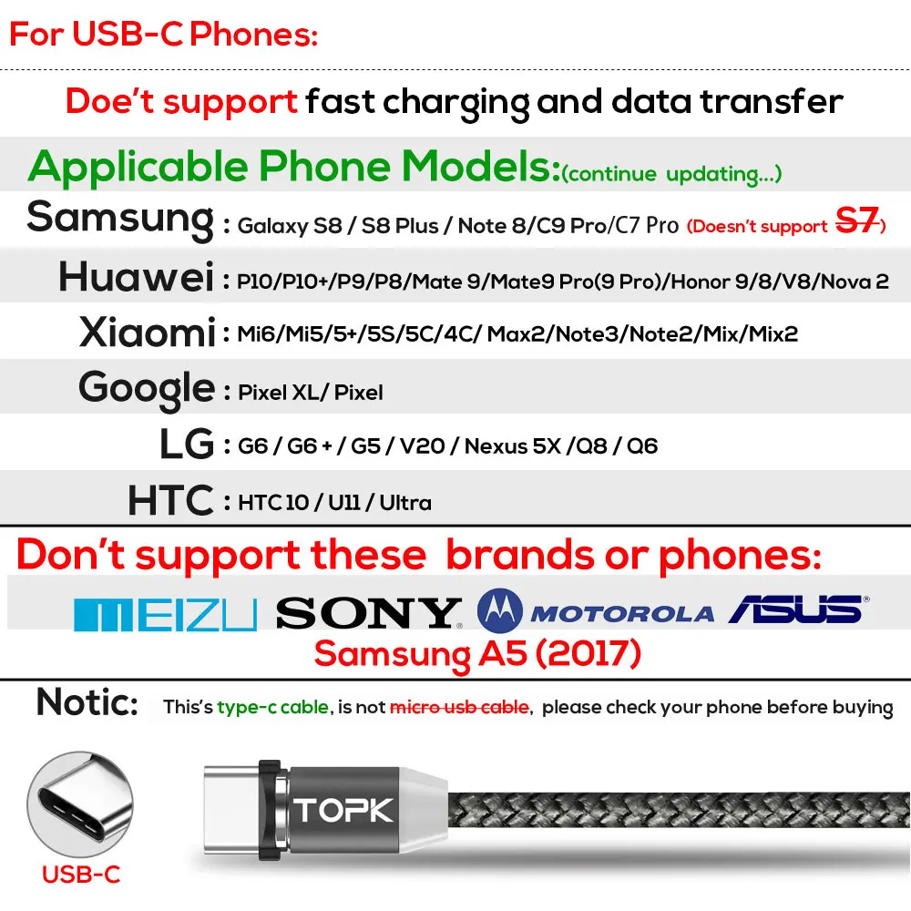 TOPK 1M LED Magnetic USB Cable for iPhone Xs Max 8 7 6 & USB Type C Cable & Micro USB Cable for Samsung Xiaomi Huawei USB C