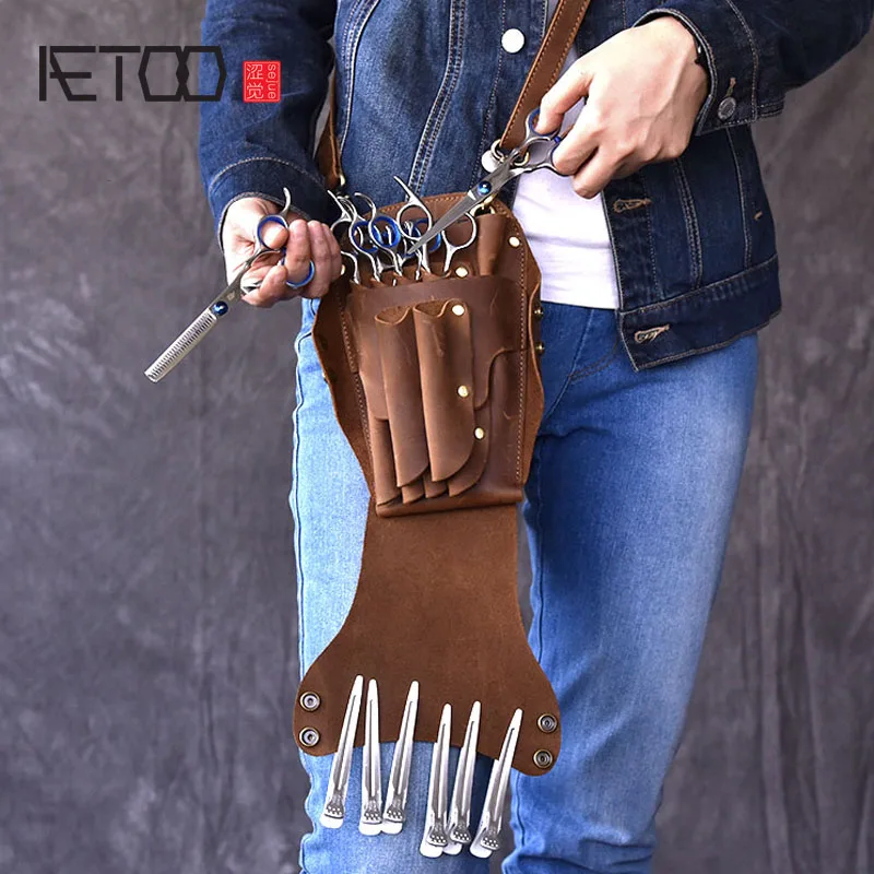 

AETOO Functional paragraph of the first layer of crazy crazy madhide 6 cross scissors bag hairdresser leather scissor pockets