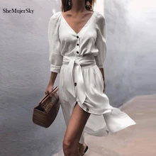 SheMujerSky модное женское однотонное платье миди с v-образным вырезом на пуговицах офисное платье с поясом осеннее облегающее платье Vestidos