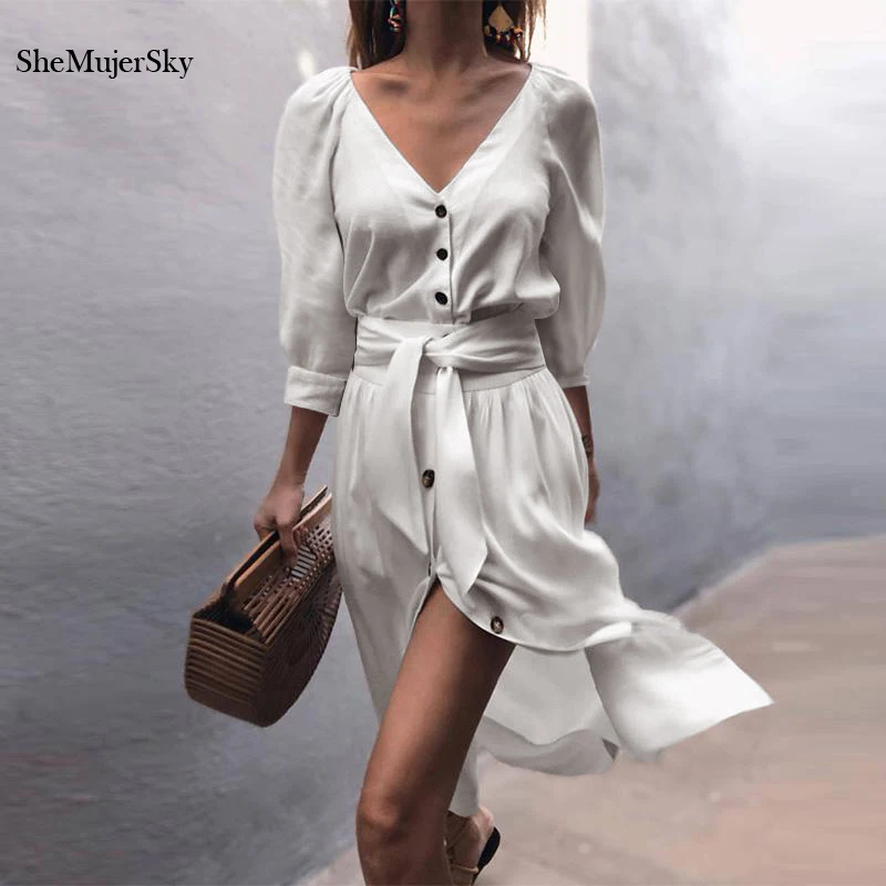 

SheMujerSky Fashion Women Solid Midi Dress V-neck Buttons Office Dress With Belt Autumn Bodycon Vestidos