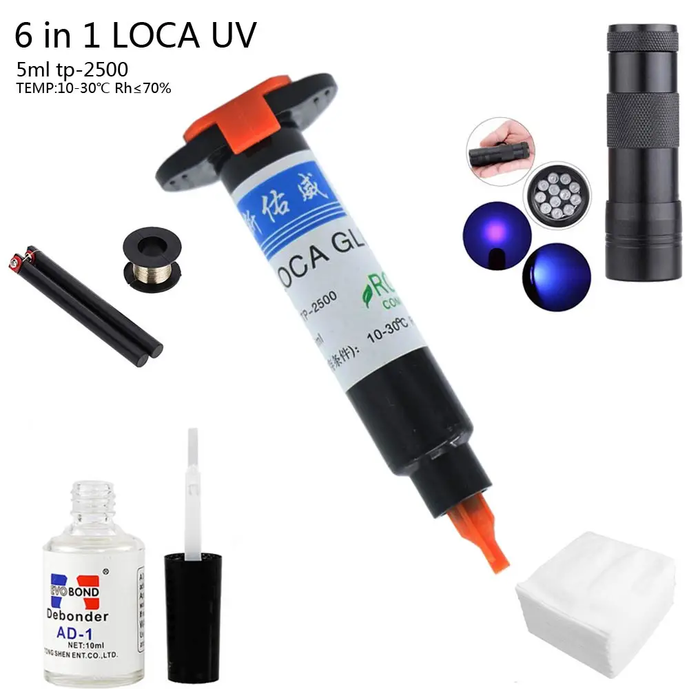 

Newest 6 in1 LOCA UV Glue 5ml +12led UV curing light+Uv Glue Remover 20g +Cutting Wire 50m+clothes For LCD Touch Screen Repair F