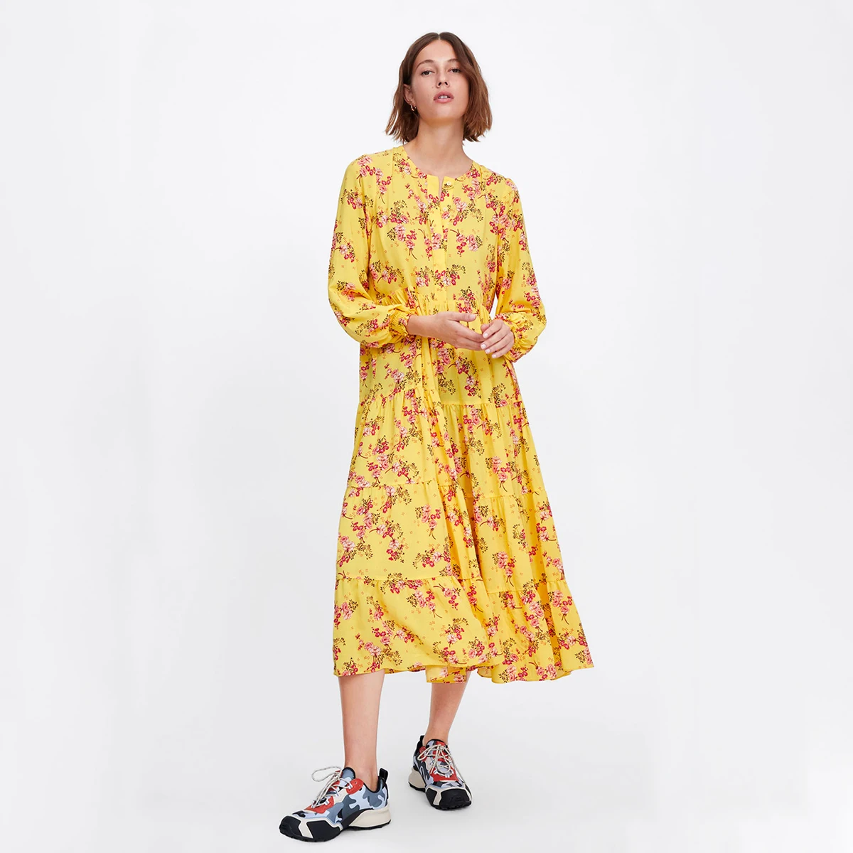 

Yellow Floral Print Maxi Dress Boho Chic Vintage O Neck Loose Long Sleeve Ladies Dress Bohemian Long Dresses For Women Vestidos