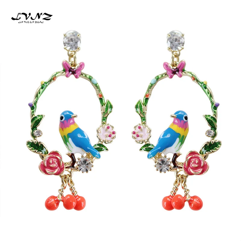 

LVNZ 2019 New Hot Fashion Lovely Bird Flower Cubic Zirconia Round Colour Bohemia Enamel Drop Earrings For Women Jewelry 7061A