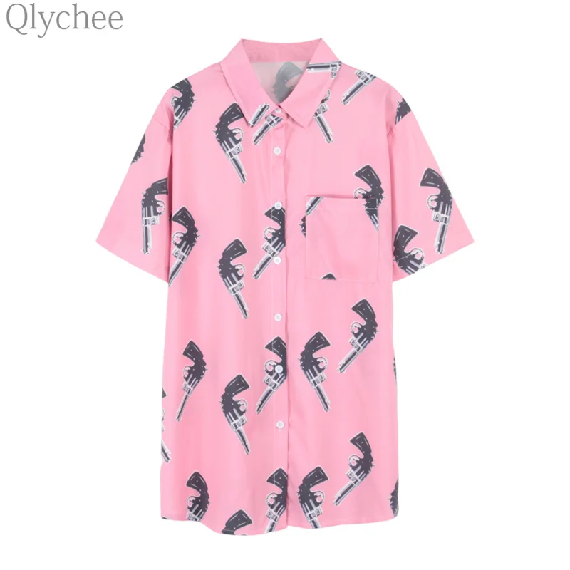 Buy Online Qlychee Pistol Gun Print Tops Women Summer Short Sleeve Turn