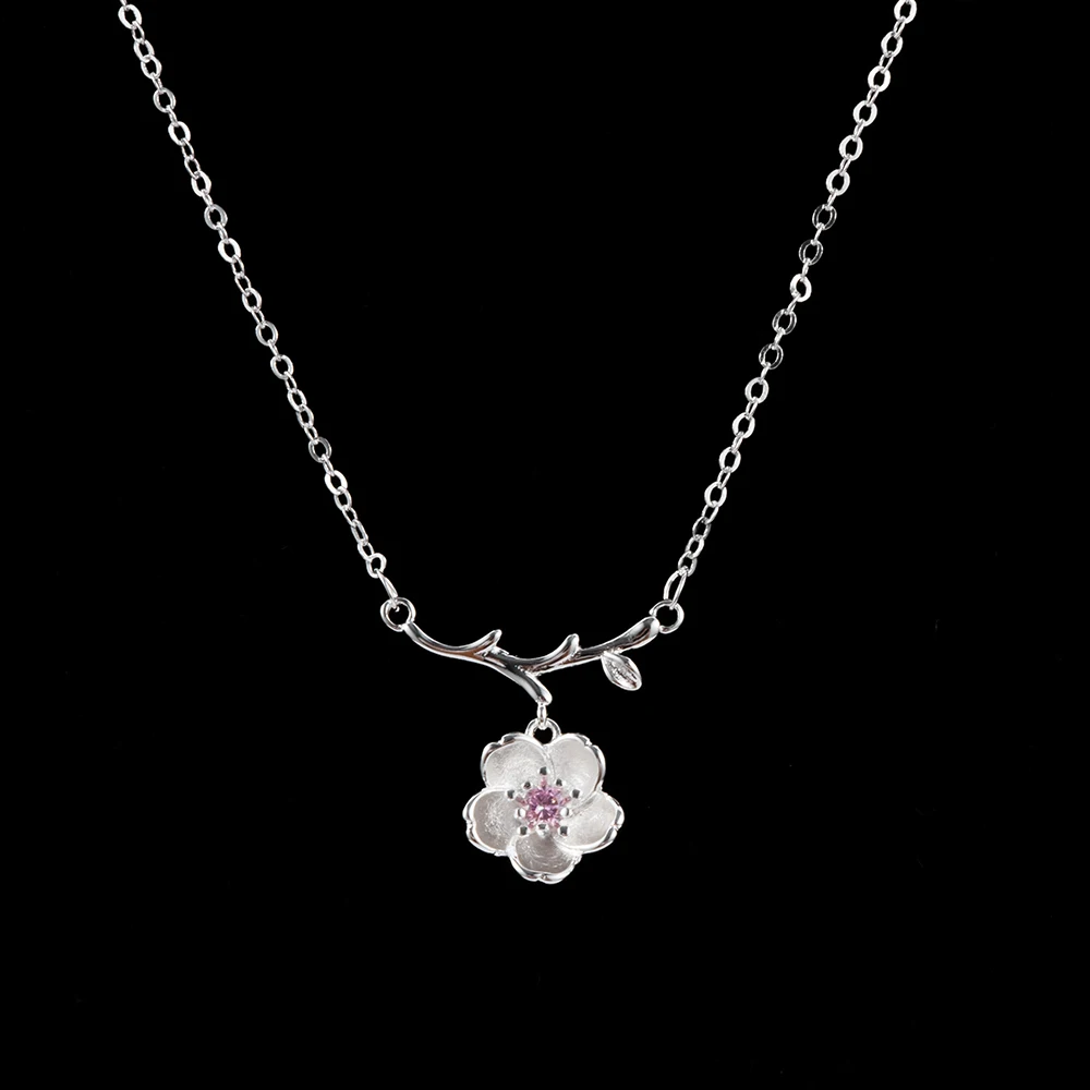 

New 1 Pcs Sweet Lovely Branch Sakura Pendant Necklace Simple Shining Cherry Flower Necklace Clavicular Chain Fashion Jewelry