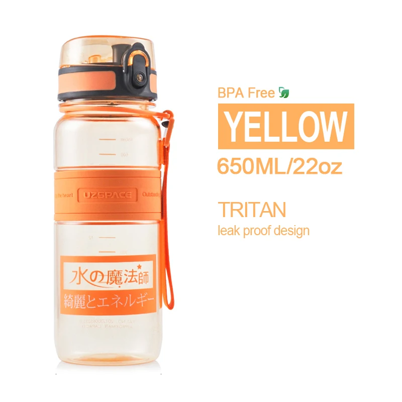 650ml Orange UZSPACE спортивные портативные бутылки для воды герметичный шейкер бутылка фруктовый сок чай заварка Тритан пластиковая посуда для напитков 500 мл/1л BPA бесплатно - Цвет: 650ml Orange