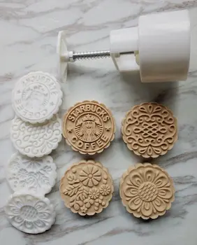 

50sets,125g round shape flower patten Moon Cake Molds with 4 Stamps plastic hand pressure chinese moon cake mould,