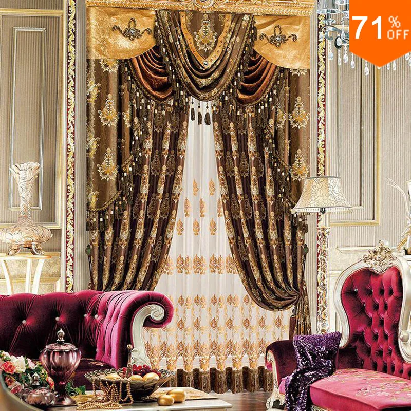 

Valance Curtains Coffee Brown Golden Spark Flower Pattern Classical Drapery Extreme Luxury Drapes Living Room Finished Curtain