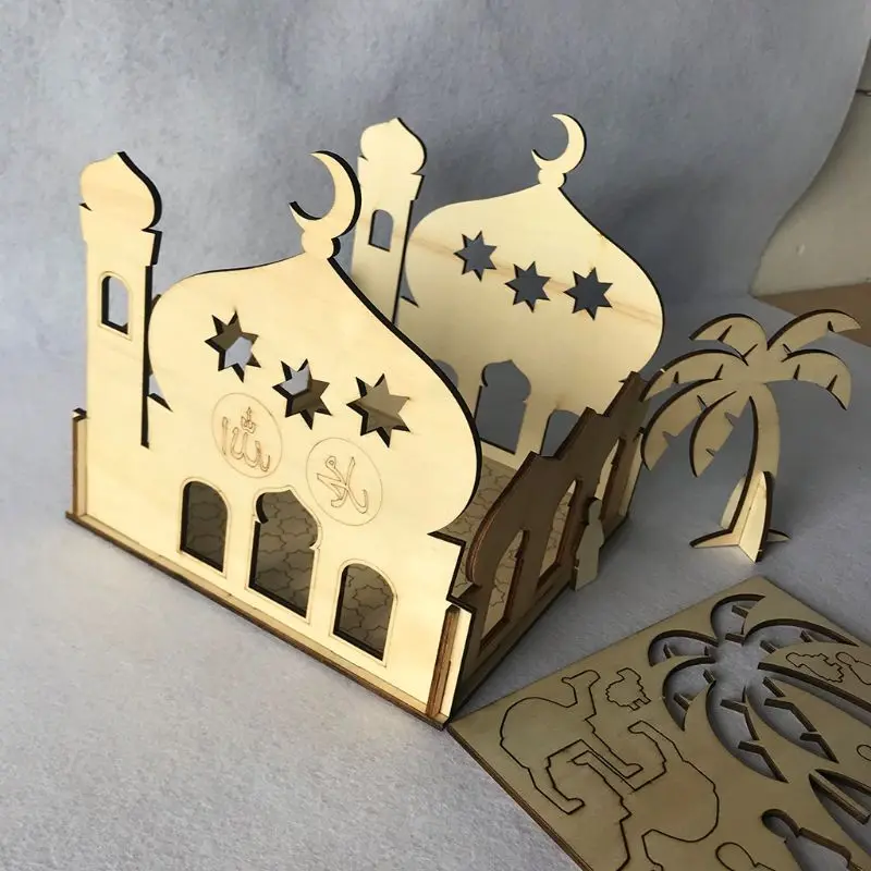 

Wooden Eid Mubarak Ramadan Home Party Ornament Decor Muslim Islamic Palace Puzzle Storage Box Gift DIY