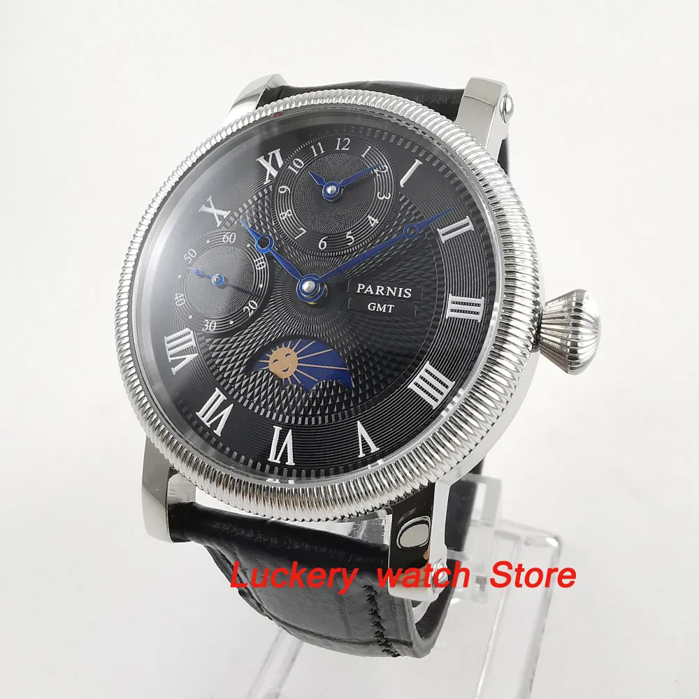 Часы Parnis 43 мм с черным циферблатом и кожаным ремешком Moon Phase GMT механические
