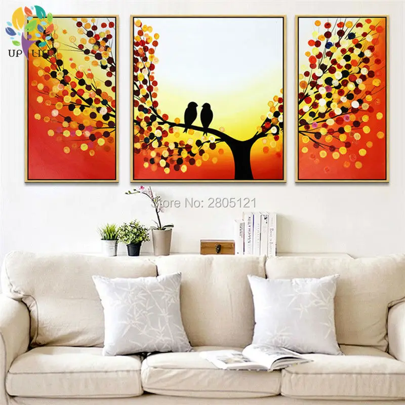 

Handmade 3 piece canvas art autumn orange landscape tree oil painting wall pictures for living room decoration triptych picture