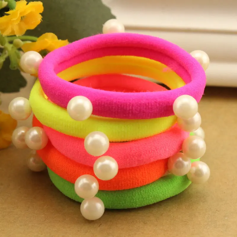 5 PCS/lot Candy Fluorescence Colored Hair Holders High Quality Pearl Rubber Bands Hair Elastics Accessories Girl Women Tie Gum