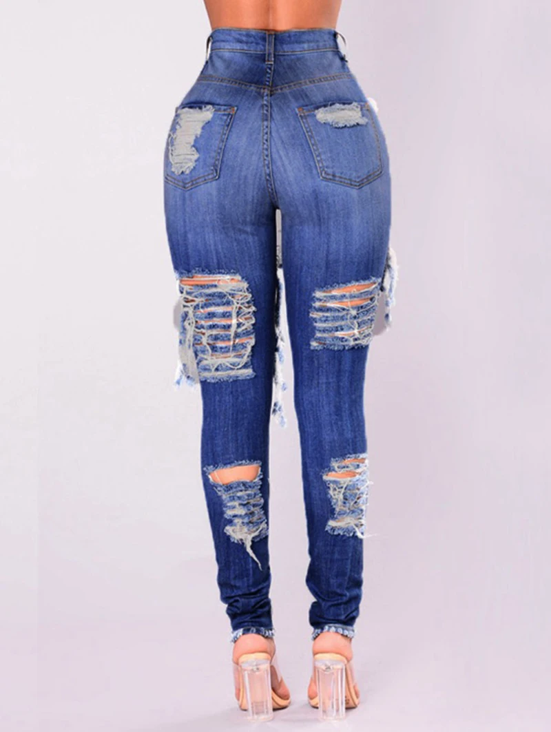 Горячая Распродажа женские модные джинсы Для женщин облегающие джинсы до пояса карандаш синий женские джинсовые брюки рваные тертые хлопковые джинсы женские
