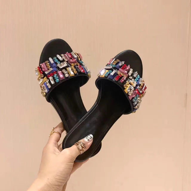 Sandalias Mujer/Коллекция 2019 года, летние шлепанцы, женские дизайнерские шикарные кожаные сандалии на плоской подошве, украшенные кристаллами
